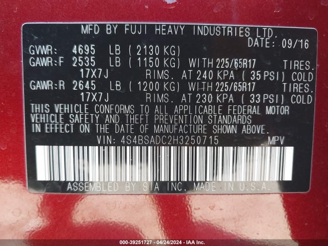 Subaru Outback 2.5i Premium 2017 4S4BSADC2H3250715 Image 9