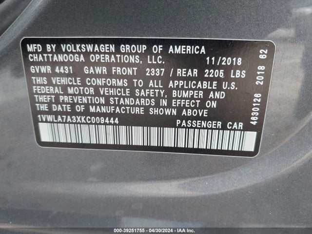 1VWLA7A3XKC009444 Volkswagen Passat 2.0t Wolfsburg Edition