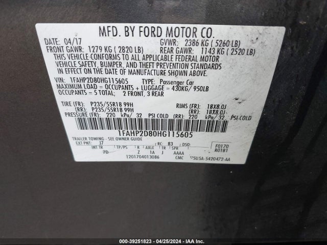 Ford TAURUS SE 2017 1FAHP2D80HG115605 Image 9