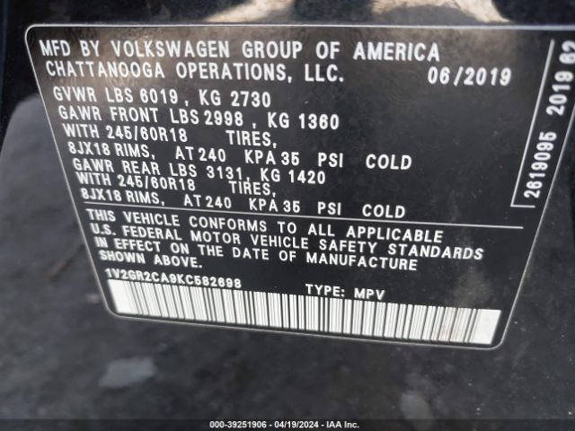 1V2GR2CA9KC582698 Volkswagen Atlas 3.6l V6 S