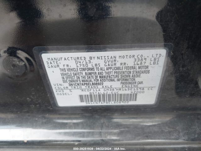 3N1CN7AP8EL808922 Nissan Versa 1.6 Sl