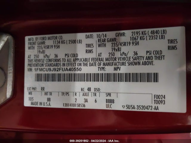 Ford Escape Titanium 2015 1FMCU9J92FUA40550 Image 9