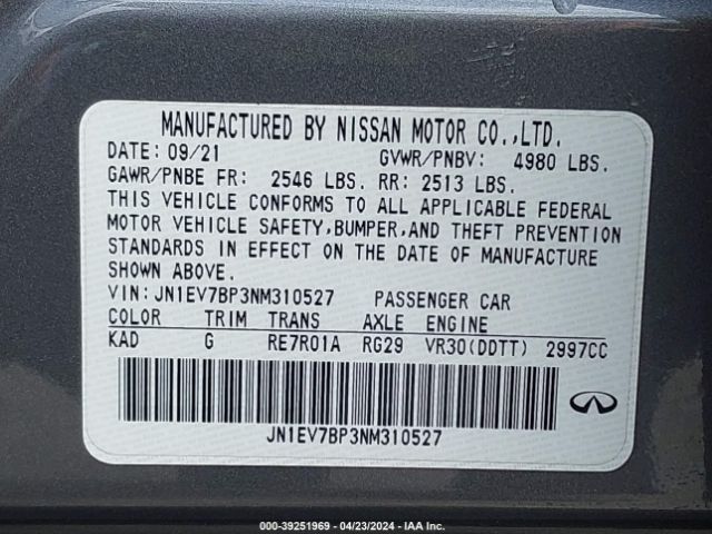 JN1EV7BP3NM310527 Infiniti Q50 LUXE