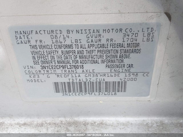 Nissan Versa Note S (sr)/s Plus/sl/sr/sv 2015 3N1CE2CP9FL376018 Image 9