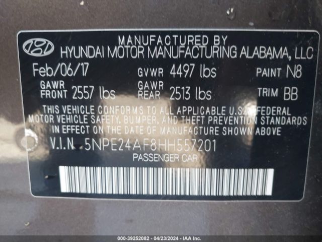 5NPE24AF8HH557201 Hyundai SONATA SE