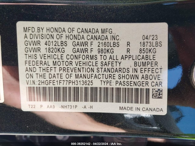 Honda Civic Ex /ex W/o Bsi 2023 2HGFE1F77PH313625 Image 9