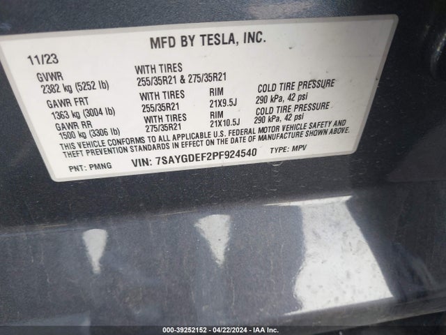 7SAYGDEF2PF924540 Tesla Model Y Awd/performance Dual Motor All-wheel Drive