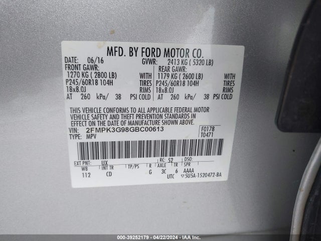 Ford EDGE SE 2016 2FMPK3G98GBC00613 Image 9