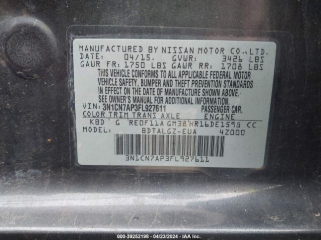 3N1CN7AP3FL927611 Nissan Versa 1.6 Sl
