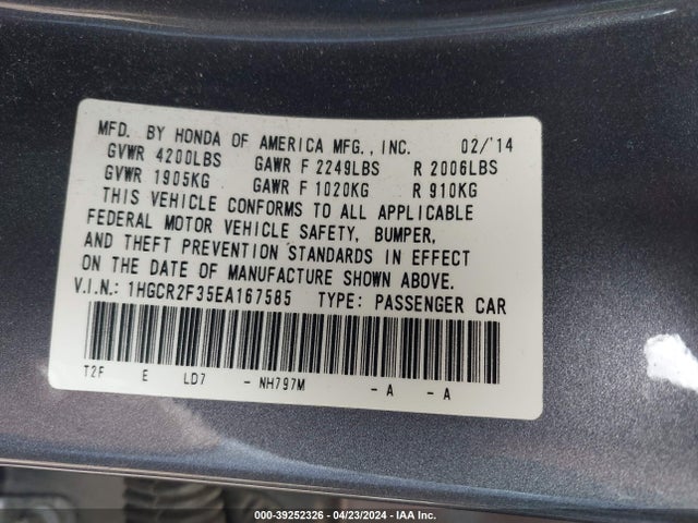 Honda ACCORD LX 2014 1HGCR2F35EA167585 Image 9