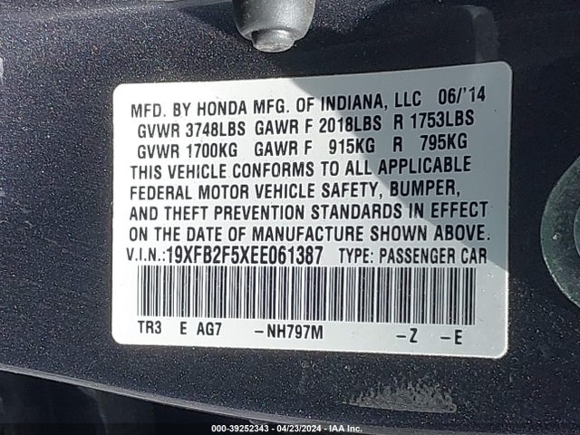 Honda Civic Lx 2014 19XFB2F5XEE061387 Image 9