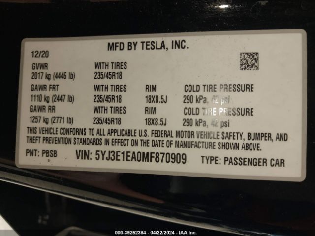 5YJ3E1EA0MF870909 Tesla Model 3 Standard Range Plus Rear-wheel Drive
