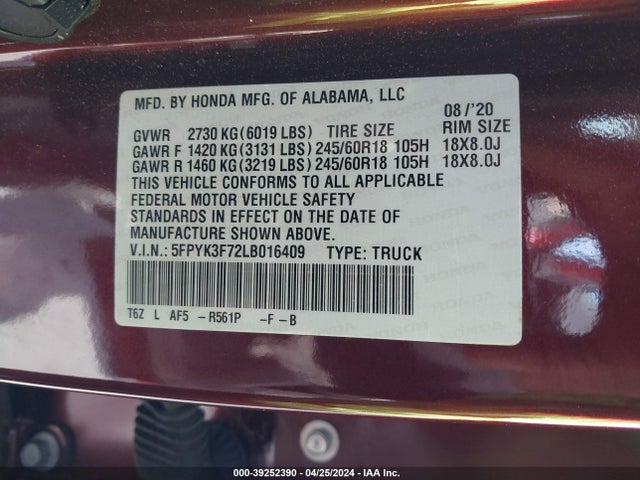 Honda Ridgeline Rtl-e 2020 5FPYK3F72LB016409 Image 9