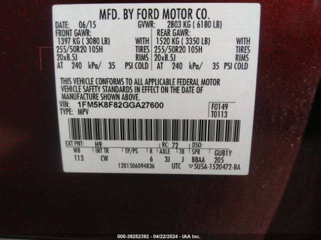 1FM5K8F82GGA27600 Ford Explorer Limited