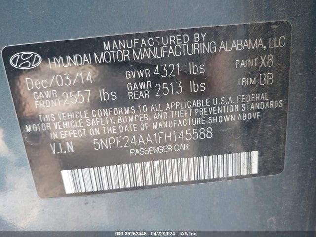 Hyundai SONATA ECO 2015 5NPE24AA1FH145588 Image 9