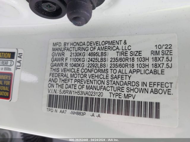 5J6RW1H53NA023120 Honda Cr-v 2wd Ex