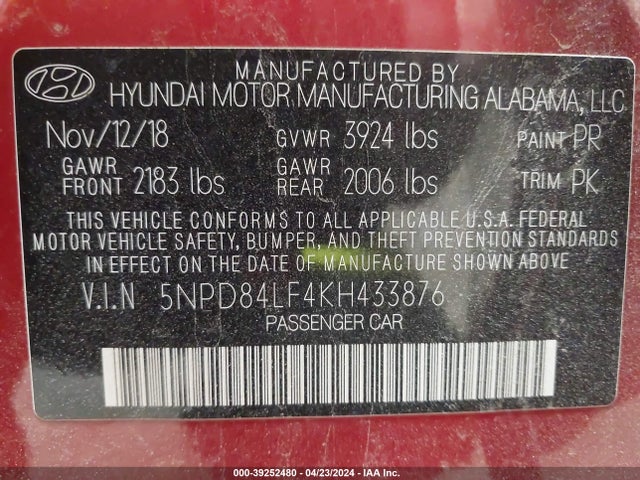 Hyundai ELANTRA SEL 2019 5NPD84LF4KH433876 Image 9
