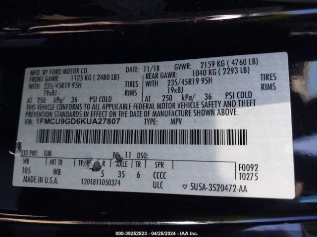 1FMCU9GD6KUA27807 Ford ESCAPE SE