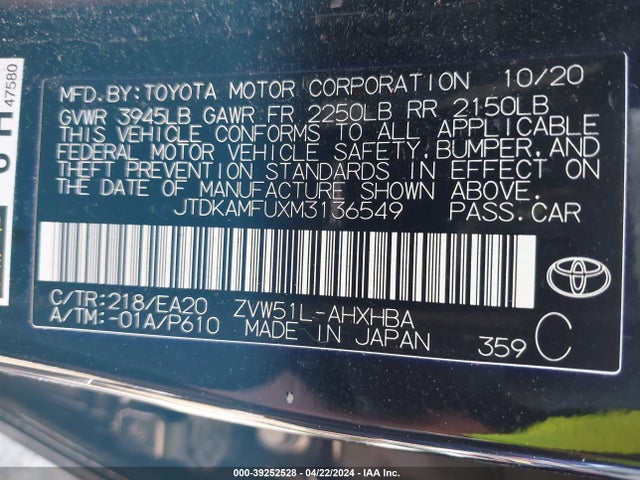 Toyota PRIUS XLE 2021 JTDKAMFUXM3136549 Image 9