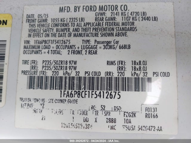 Ford MUSTANG GT 2015 1FA6P8CF1F5412675 Image 9