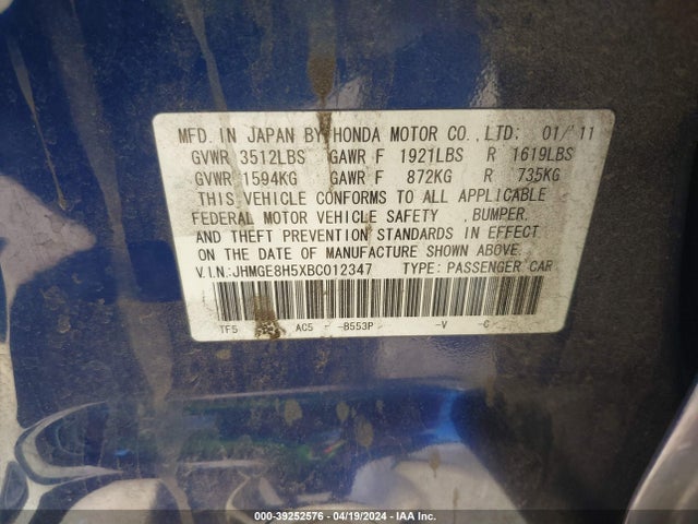 2011 Honda Fit Sport მანქანა იყიდება აუქციონზე, vin: JHMGE8H5XBC012347, აუქციონის ნომერი: 39252576