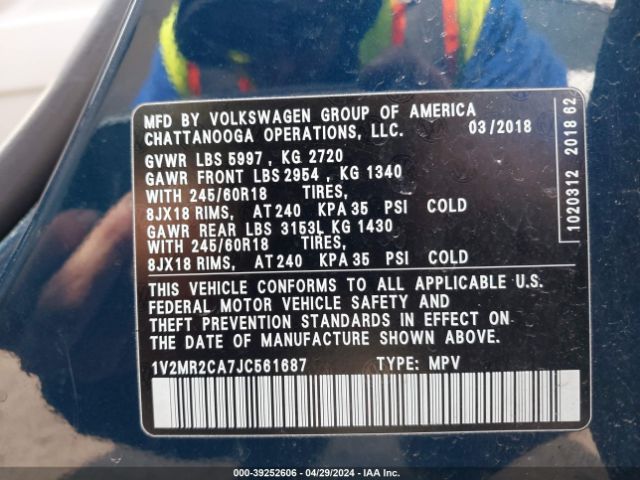1V2MR2CA7JC561687 Volkswagen Atlas 3.6l V6 Sel