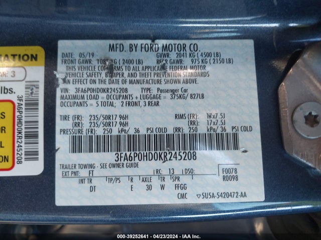 Ford FUSION SE 2019 3FA6P0HD0KR245208 Image 9