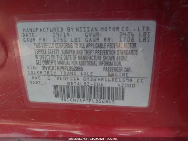 3N1CN7AP9FL852865 Nissan Versa 1.6 S/1.6 S+/1.6 Sl/1.6 Sv