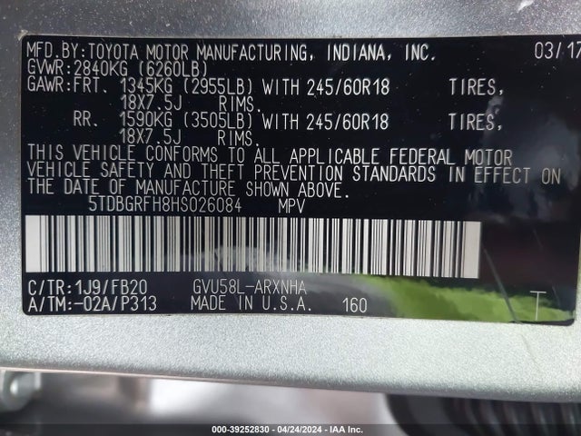 Toyota Highlander Hybrid Le 2017 5TDBGRFH8HS026084 Image 9