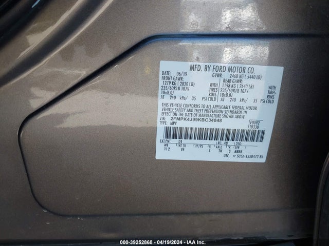 Ford EDGE SEL 2019 2FMPK4J99KBC34048 Image 9