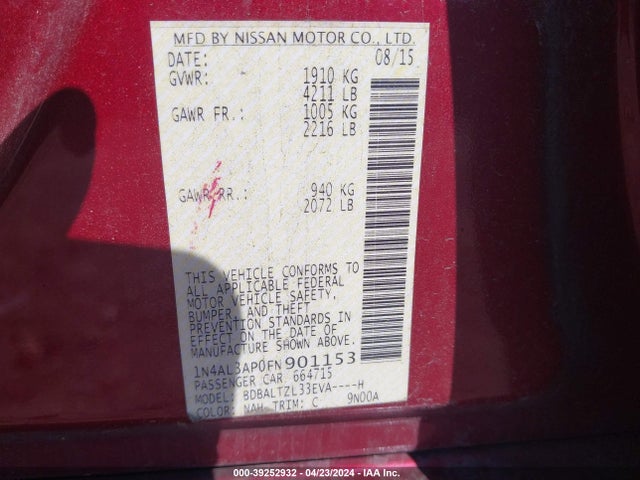 Nissan Altima 2.5 Sl 2015 1N4AL3AP0FN901153 Image 9
