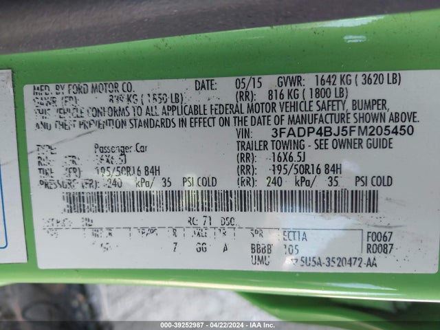 Ford FIESTA SE 2015 3FADP4BJ5FM205450 Image 9