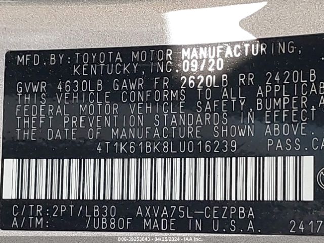 4T1K61BK8LU016239 Toyota Camry Xse Awd