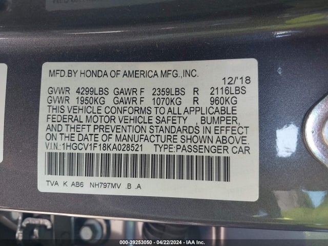 Honda ACCORD LX 2019 1HGCV1F18KA028521 Image 9