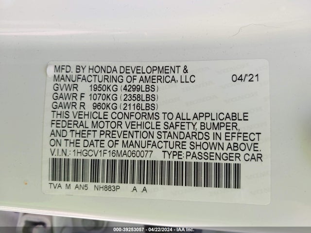 Honda ACCORD LX 2021 1HGCV1F16MA060077 Image 9