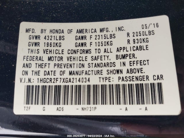 Honda ACCORD EX 2016 1HGCR2F7XGA214034 Image 9