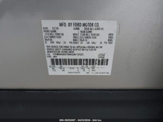 1FM5K8GT0KGA93123 Ford EXPLORER SPORT