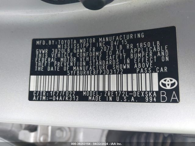 5YFBURHE8FP303172 Toyota Corolla S Plus