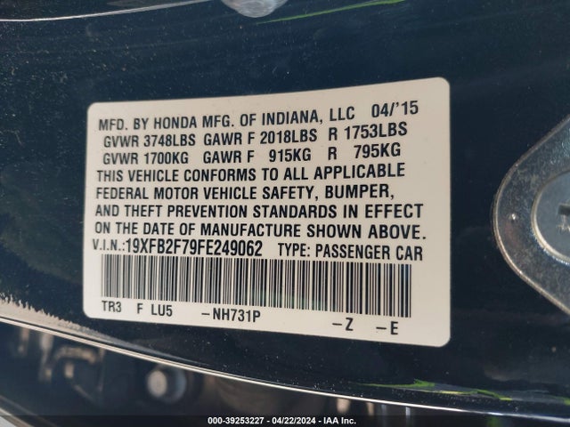 Honda CIVIC SE 2015 19XFB2F79FE249062 Image 9