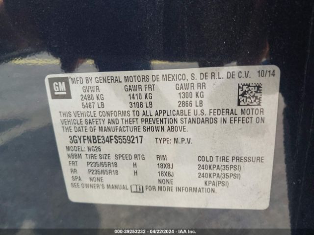 3GYFNBE34FS559217 Cadillac Srx Luxury Collection