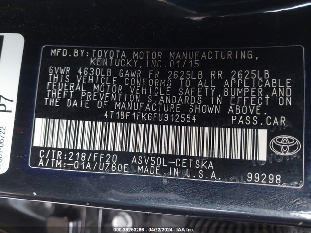 Toyota CAMRY SE 2015 4T1BF1FK6FU912554 Image 9