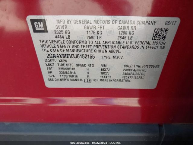 2GNAXMEV3J6152155 Chevrolet Equinox Premier