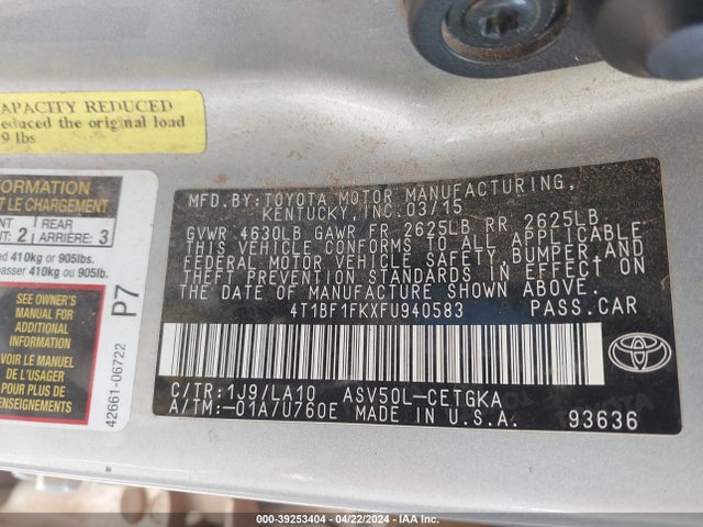 Toyota CAMRY XLE 2015 4T1BF1FKXFU940583 Image 9