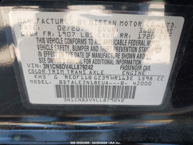Nissan Versa S Xtronic Cvt 2020 3N1CN8DV4LL879242 Image 9
