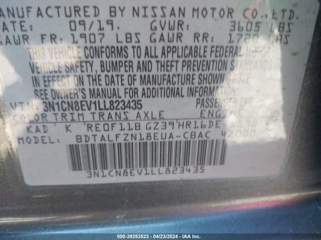 3N1CN8EV1LL823435 Nissan Versa Sv Xtronic Cvt