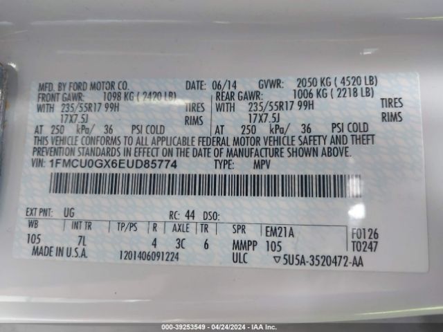 1FMCU0GX6EUD85774 Ford ESCAPE SE