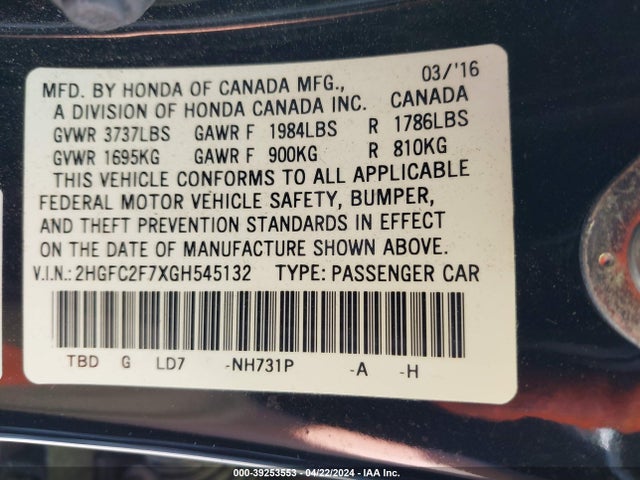 Honda CIVIC EX 2016 2HGFC2F7XGH545132 Image 9