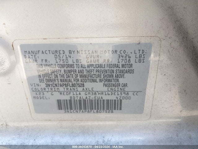 Nissan Versa 1.6 S+ 2015 3N1CN7AP8FL807528 Image 9
