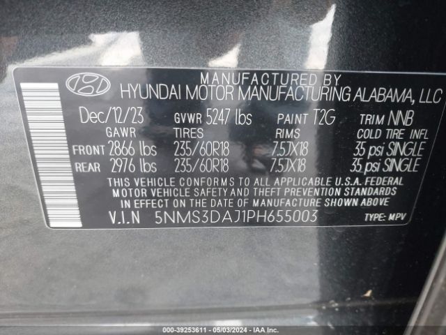 5NMS3DAJ1PH655003 Hyundai Santa Fe Sel