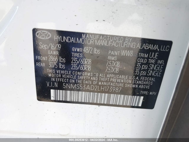 Hyundai Santa Fe Limited 2020 5NMS53AD2LH173987 Image 9